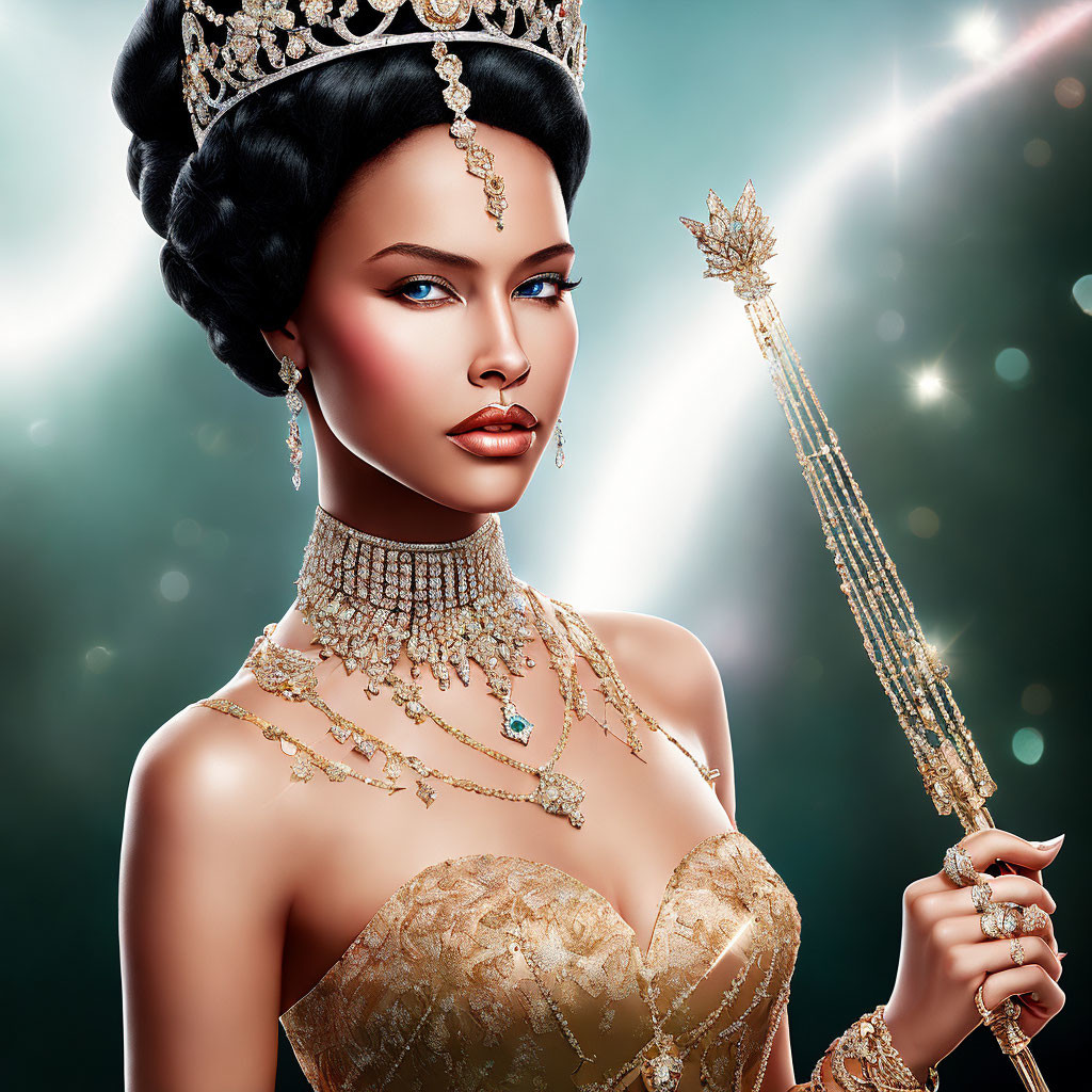 Regal woman with golden crown and scepter on sparkling background