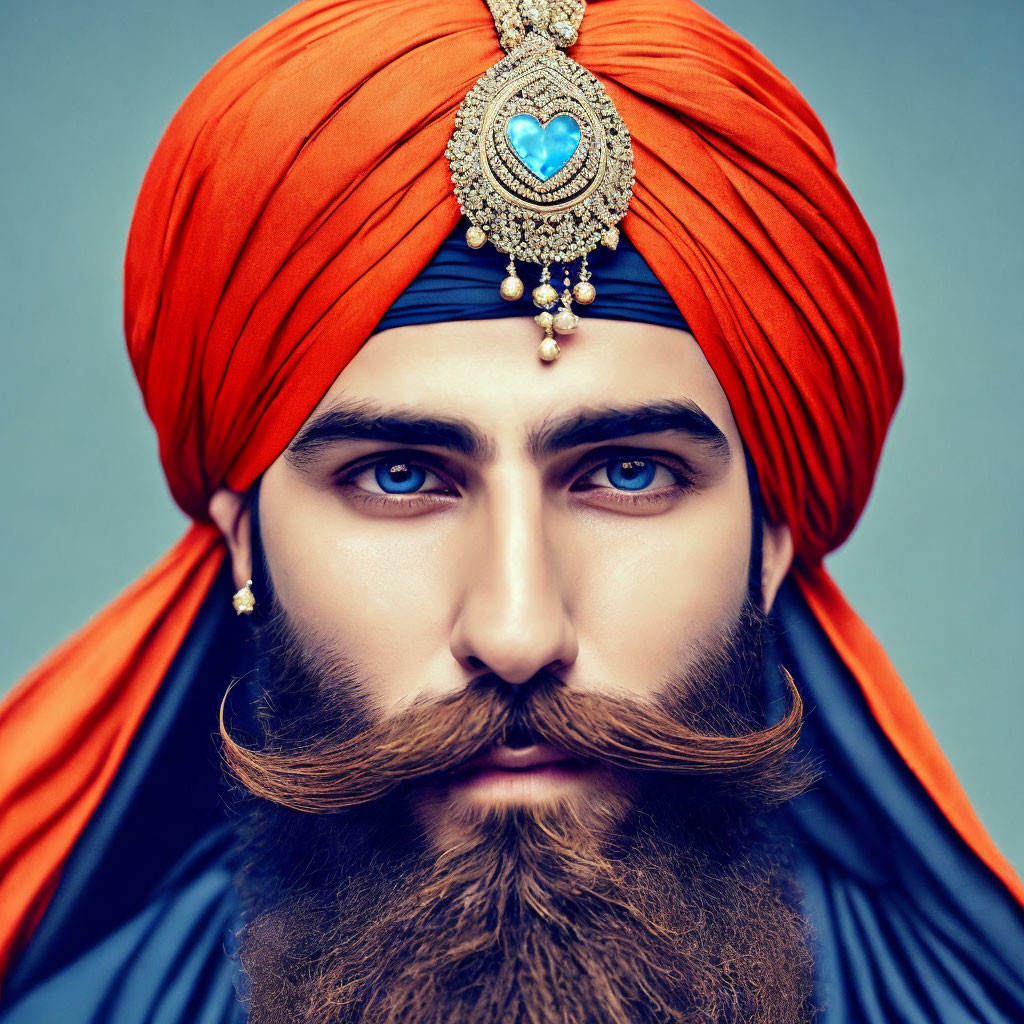 Styled bearded man in orange turban with jewel and metalwork on blue background