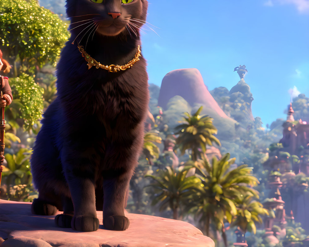 Stylized animated black cat with green eyes and gold collar on rock ledge in colorful landscape