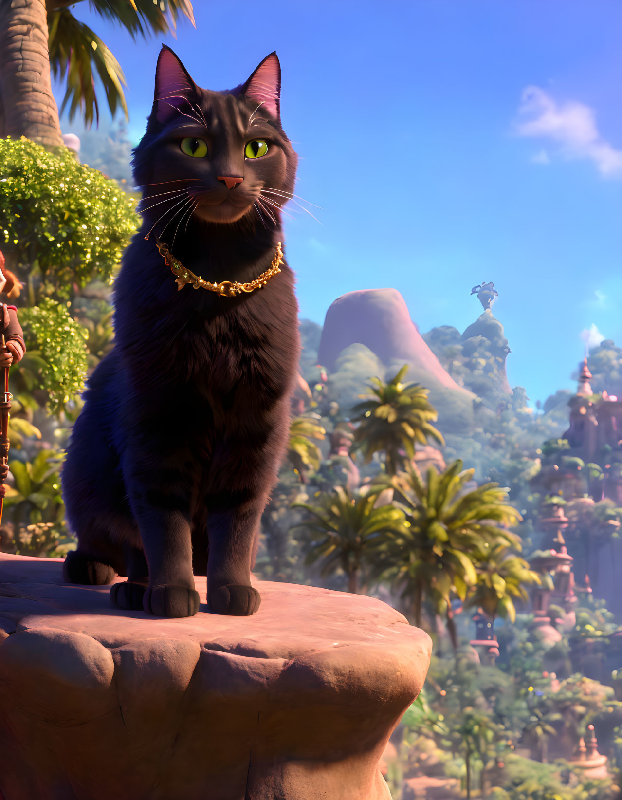 Stylized animated black cat with green eyes and gold collar on rock ledge in colorful landscape