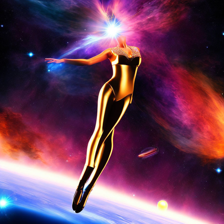 Surreal cosmic figure outlined in light against vibrant space backdrop