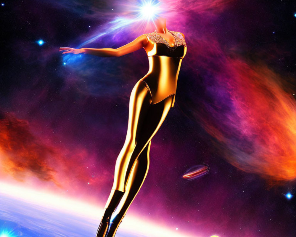 Surreal cosmic figure outlined in light against vibrant space backdrop