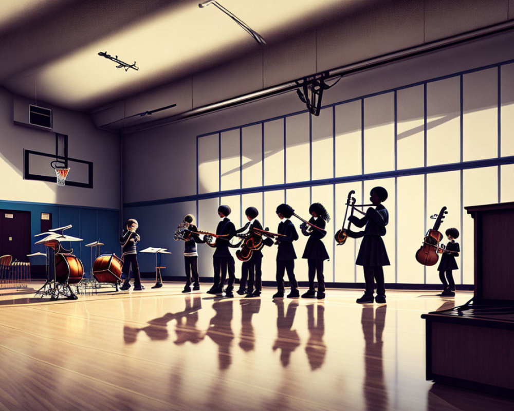 Children playing violins and guitars in a gym with sunlight and basketball hoop