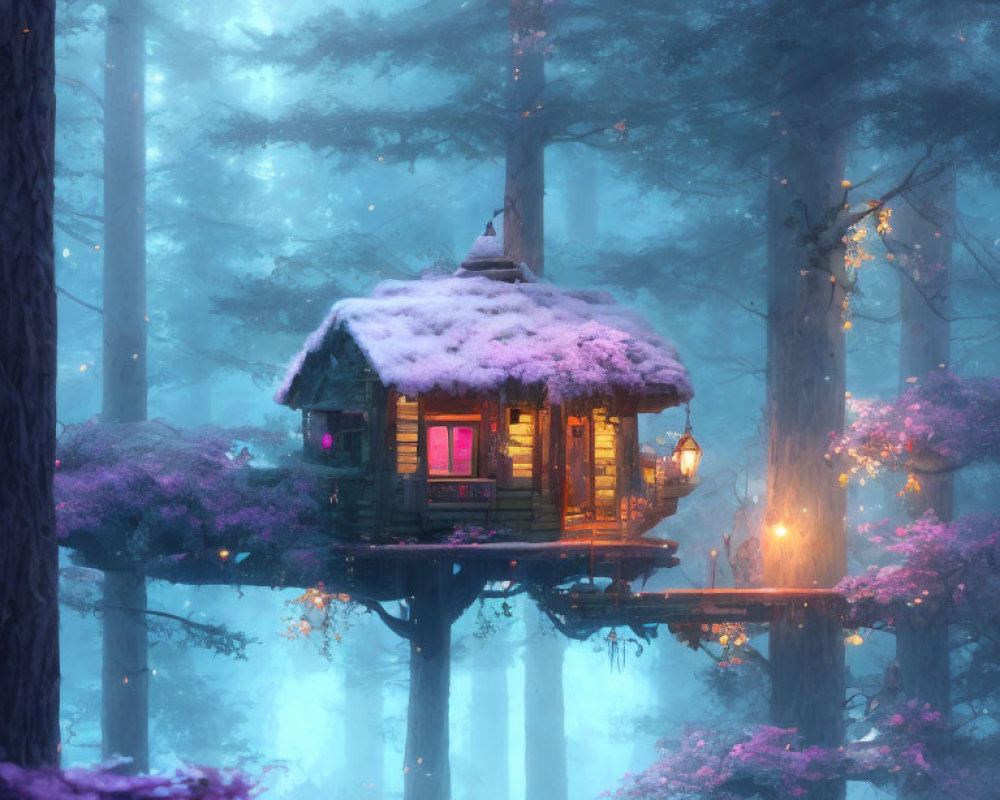 Enchanting treehouse in snow-dusted forest at twilight