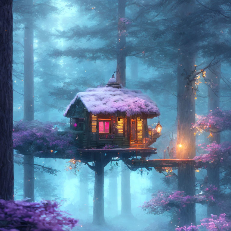 Enchanting treehouse in snow-dusted forest at twilight