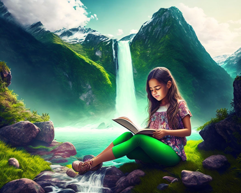 Young girl reading book by mountain waterfall in lush greenery