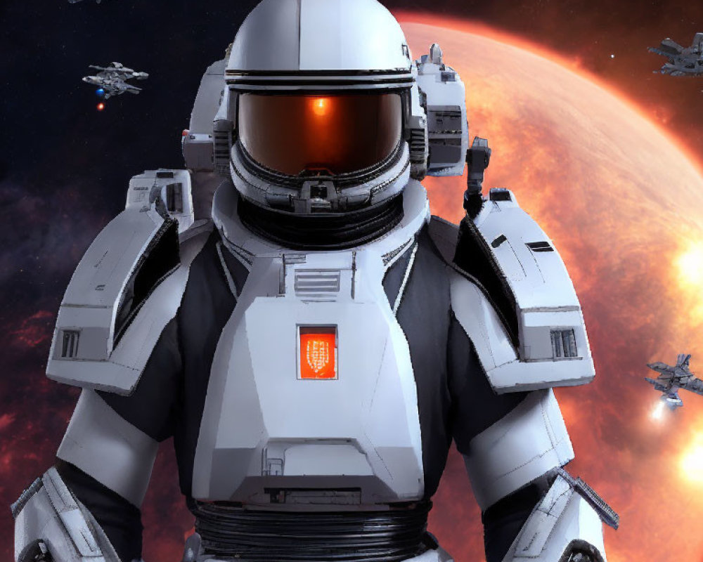 Astronaut in white space suit with orange visor, surrounded by spaceships and large planet.