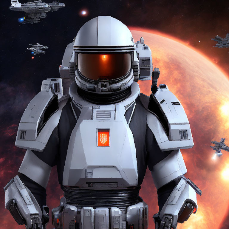 Astronaut in white space suit with orange visor, surrounded by spaceships and large planet.