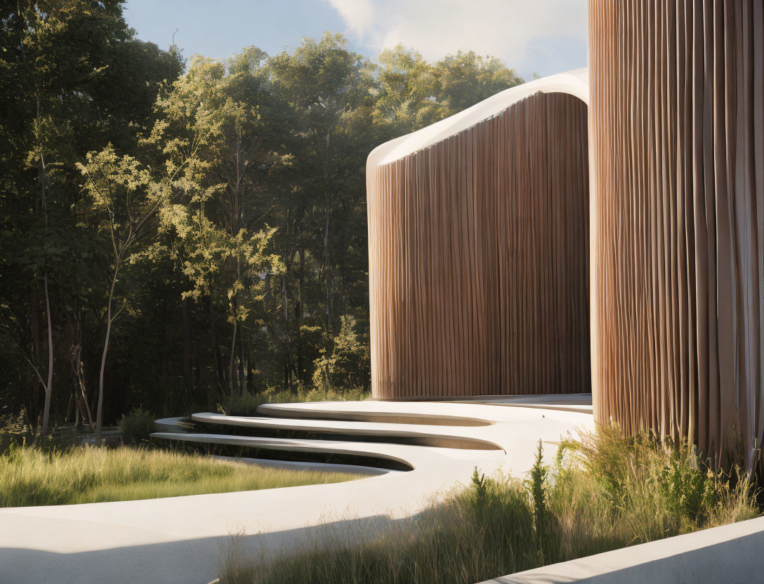 Curved wooden slats building in forest clearing with lush greenery