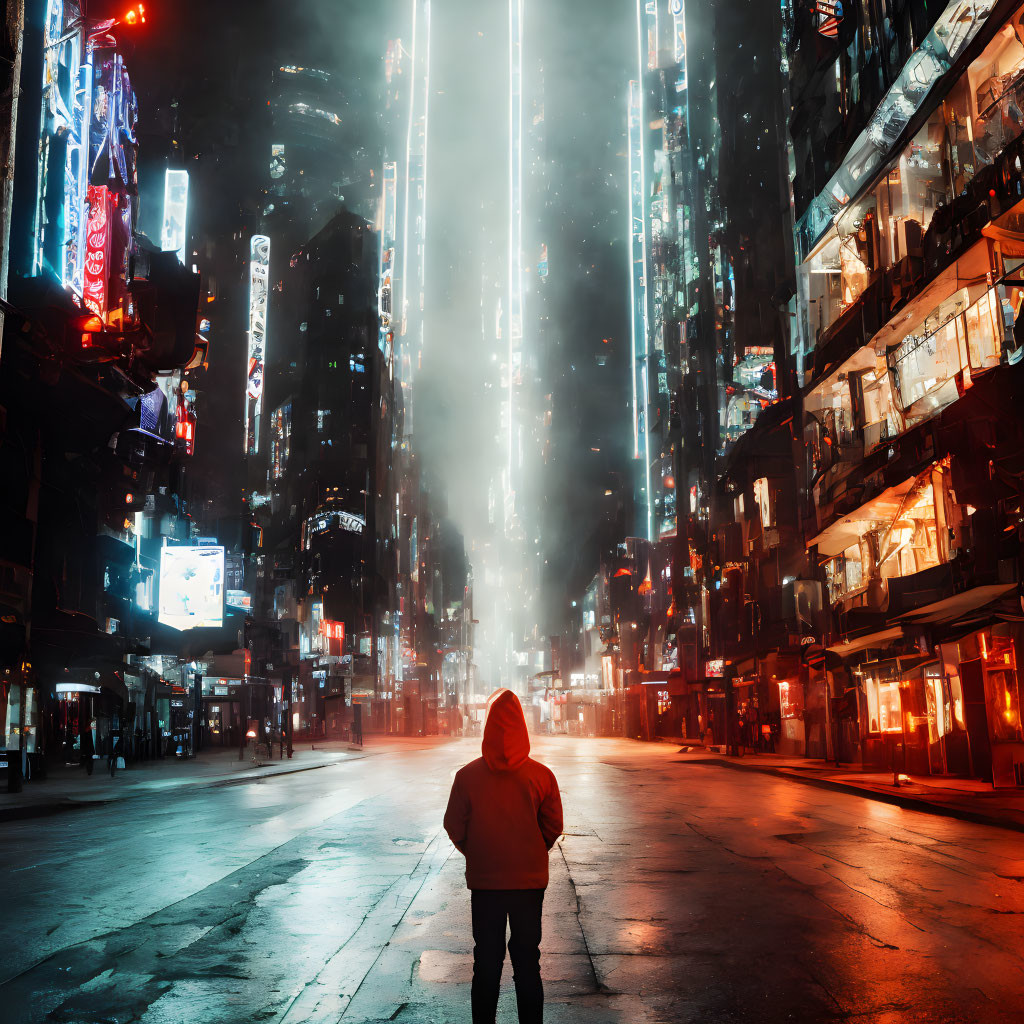 Person in Red Hoodie in Neon-Lit City Street at Night