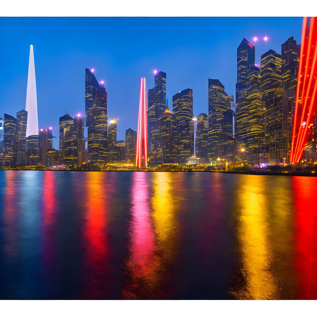 Nighttime city skyline with illuminated skyscrapers and colorful light beams