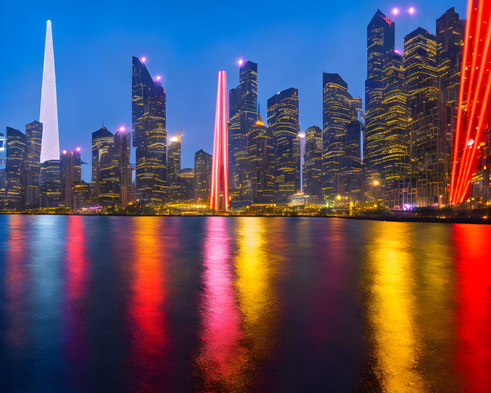 Nighttime city skyline with illuminated skyscrapers and colorful light beams