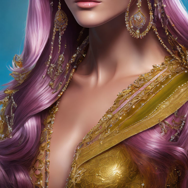 Fantasy-inspired female character with purple hair and ornate gold jewelry on blue background