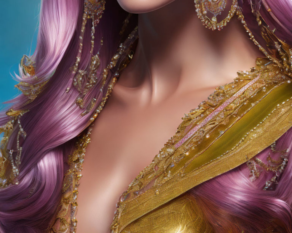 Fantasy-inspired female character with purple hair and ornate gold jewelry on blue background