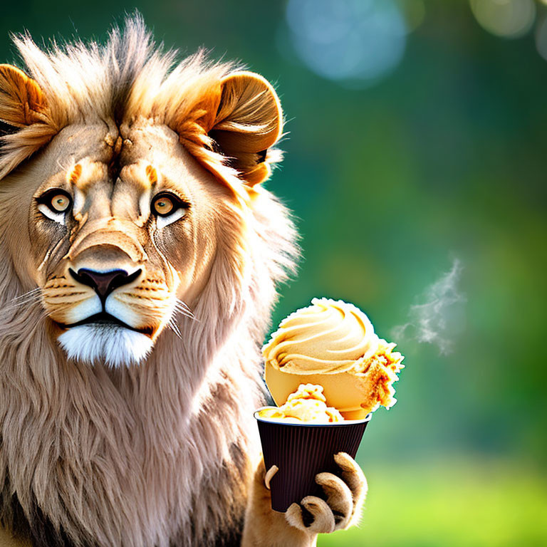 Realistic lion with soft-serve ice cream cone on green backdrop