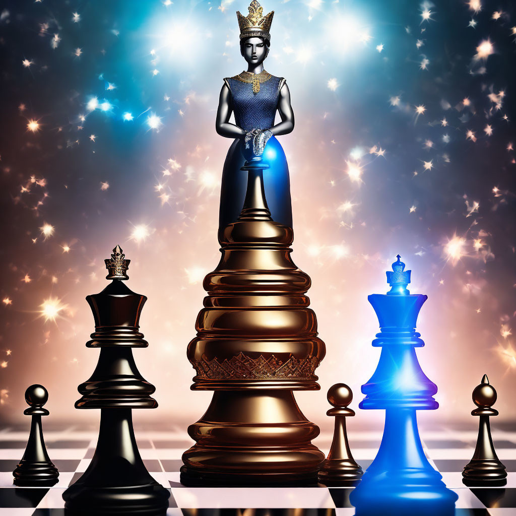 Fantastical Chessboard with Oversized Gilded and Luminescent Blue Chess Pieces