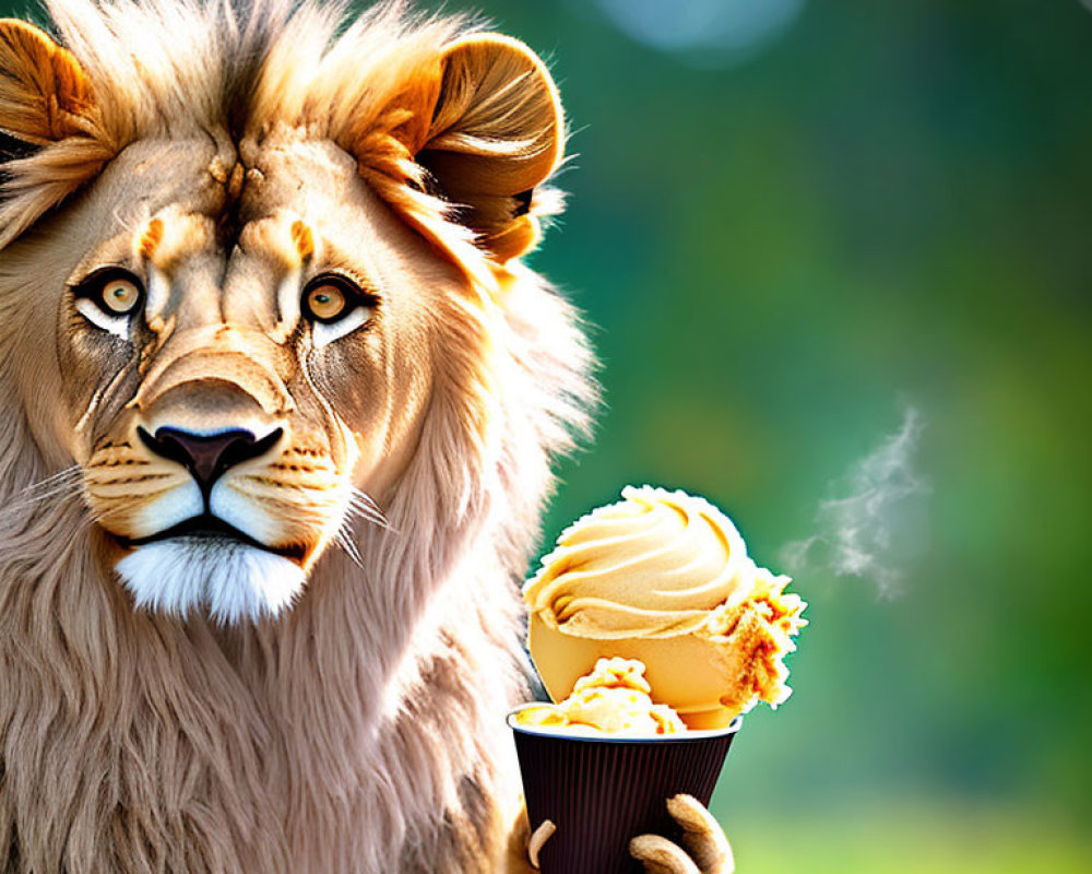 Realistic lion with soft-serve ice cream cone on green backdrop