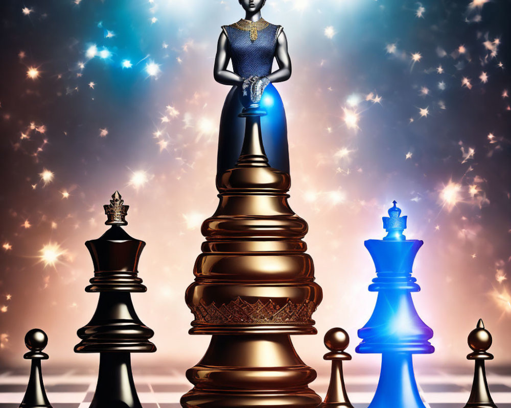 Fantastical Chessboard with Oversized Gilded and Luminescent Blue Chess Pieces