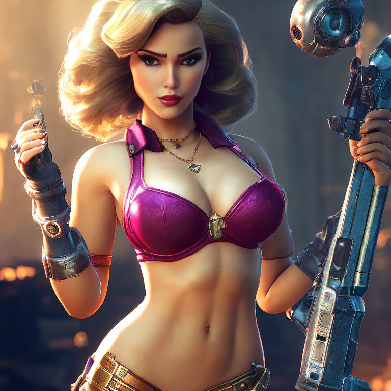 Futuristic female character with mechanical arm and weapon in purple and gold attire