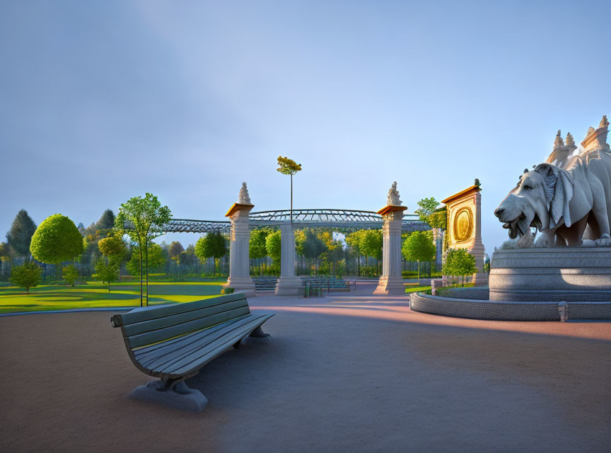 Tranquil park scene with lion fountain, bench, and pergola at dusk