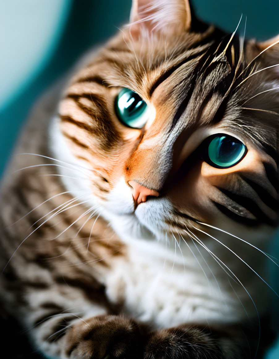 Domestic Cat with Turquoise Eyes and Whiskers on Turquoise Background