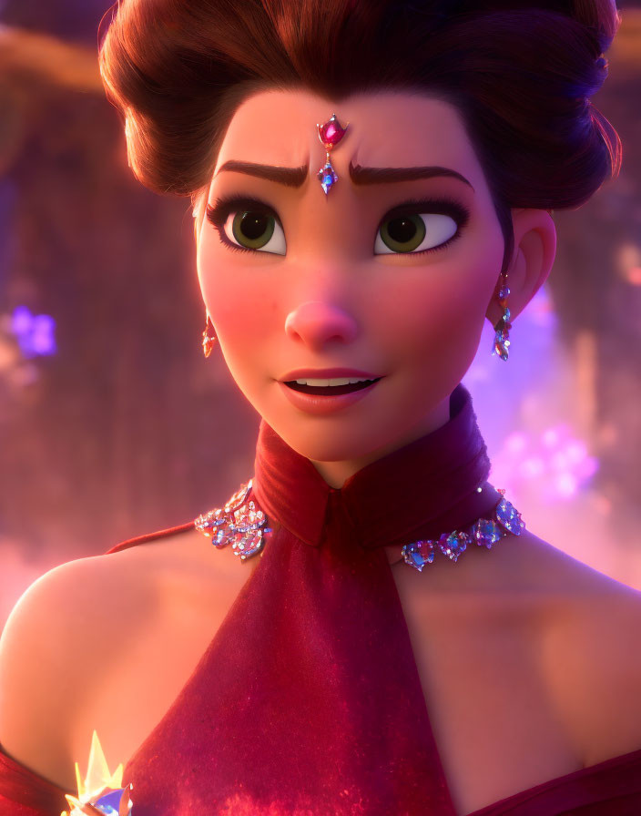 Elegant female character with jewelry in purple-lit setting