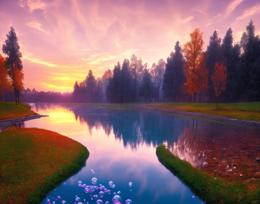 Tranquil lake at sunset with violet hues and floating bubbles