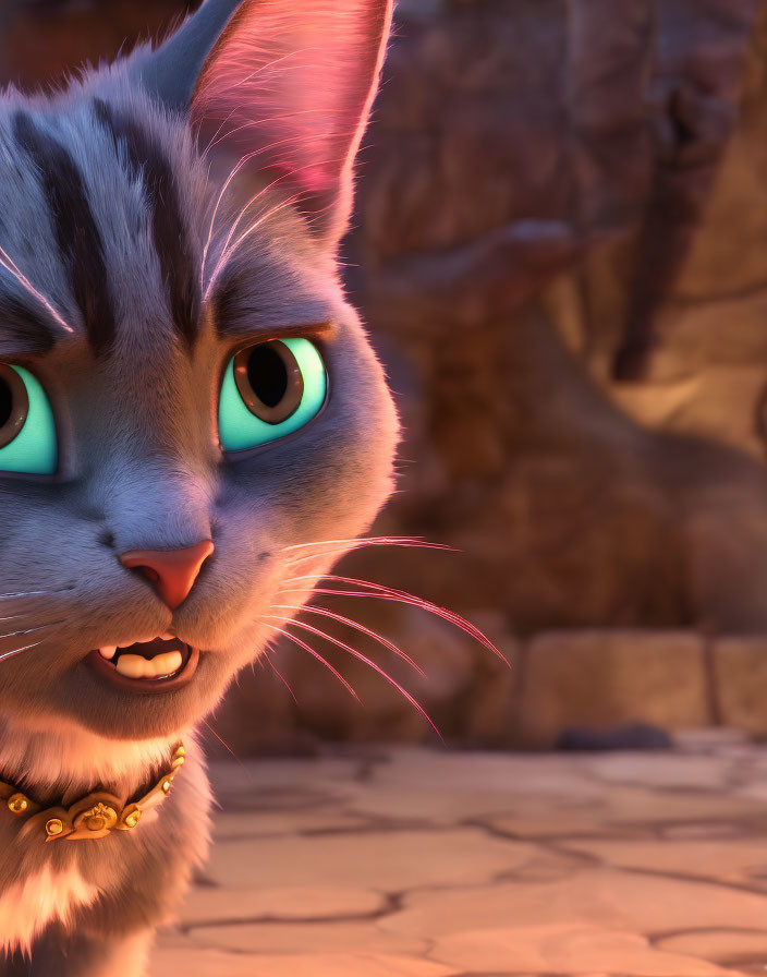 Close-up of animated grey cat with turquoise eyes and golden collar