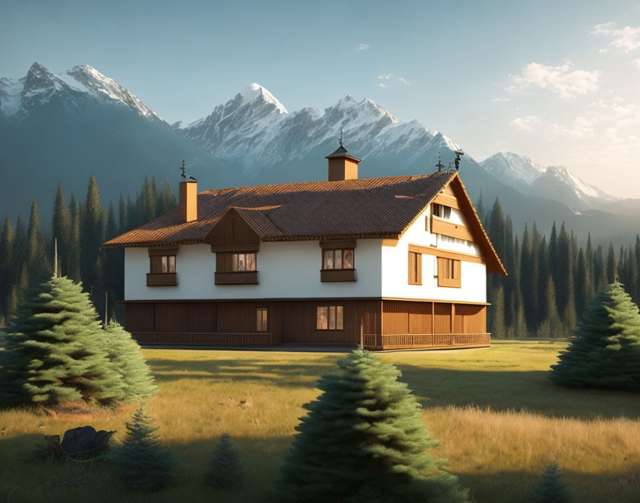 White and brown two-story house with mountain and pine tree backdrop