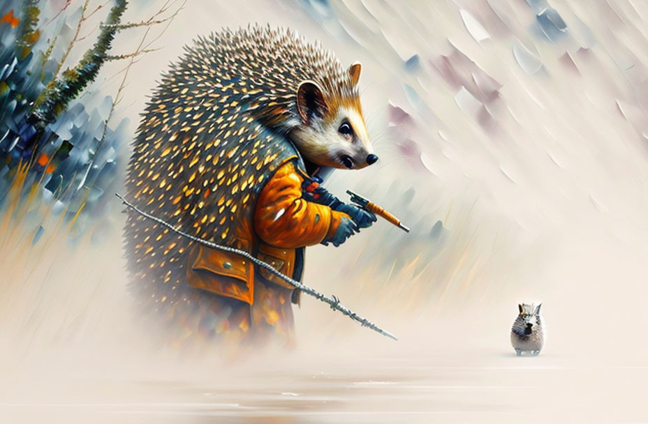 Anthropomorphic hedgehog in coat with spear meets tiny hedgehog in snowy setting