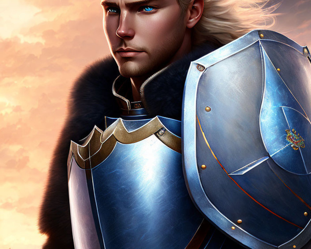 Fantasy knight digital illustration blonde hair blue eyes silver armor sunset sky