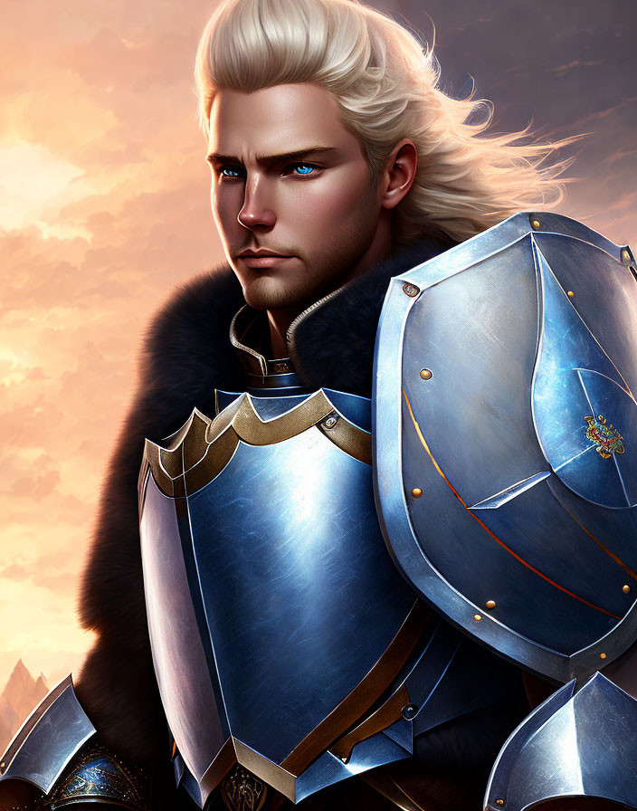 Fantasy knight digital illustration blonde hair blue eyes silver armor sunset sky