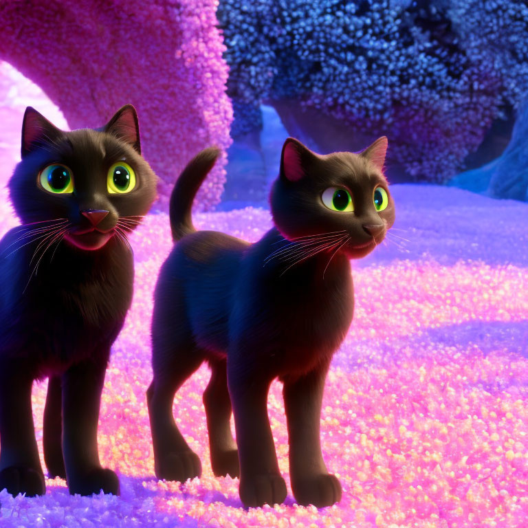 Two Black Cats with Green Eyes in Vibrant Fantasy Landscape