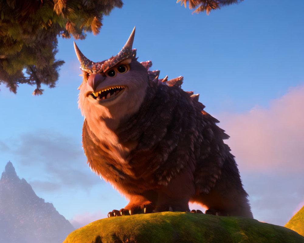 Animated creature with owl-like features and horned helmet on mossy outcrop