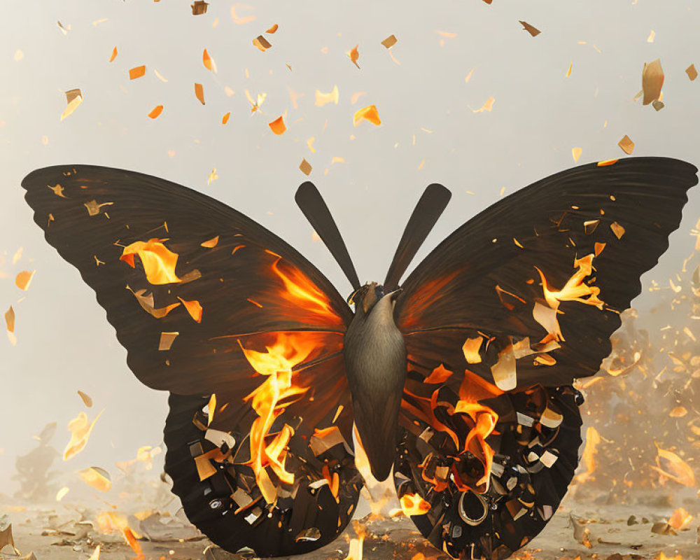 Digital Artwork: Butterfly with Burning Film Reel Wings on Ash Background