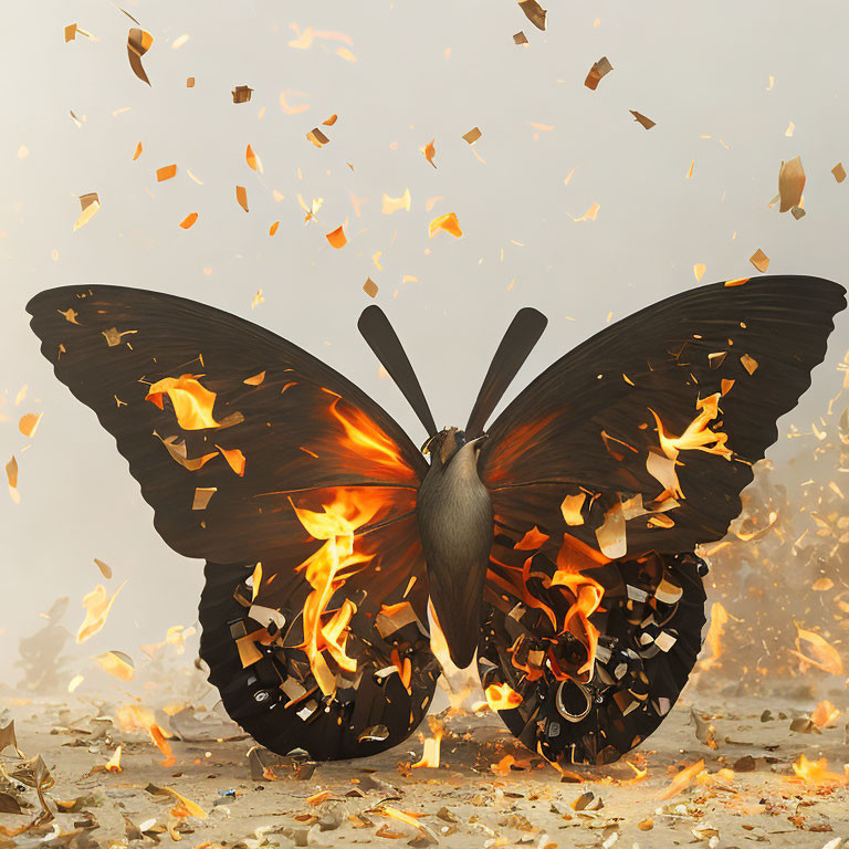 Digital Artwork: Butterfly with Burning Film Reel Wings on Ash Background