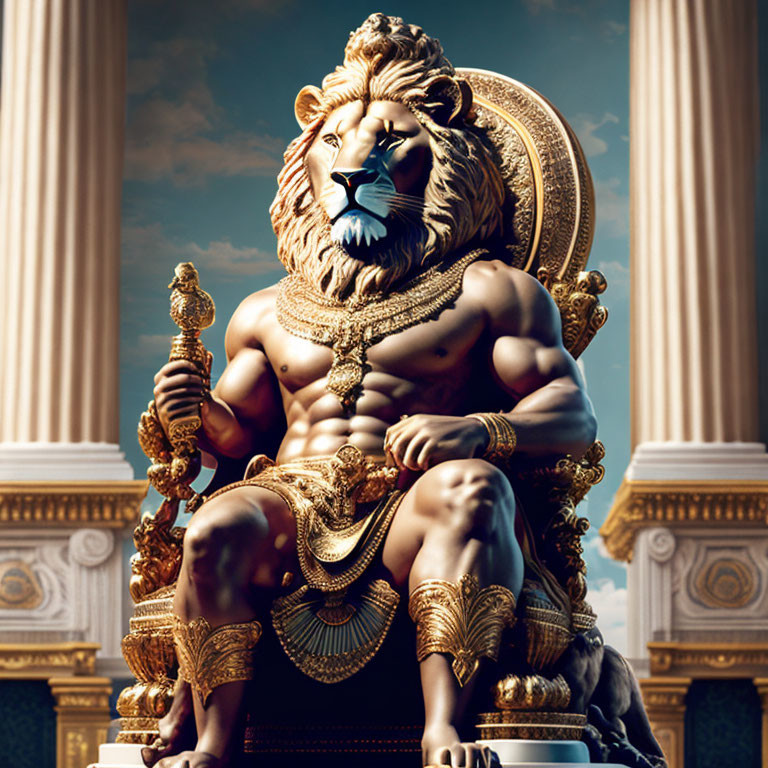 Regal anthropomorphic lion on throne with scepter in ornate setting