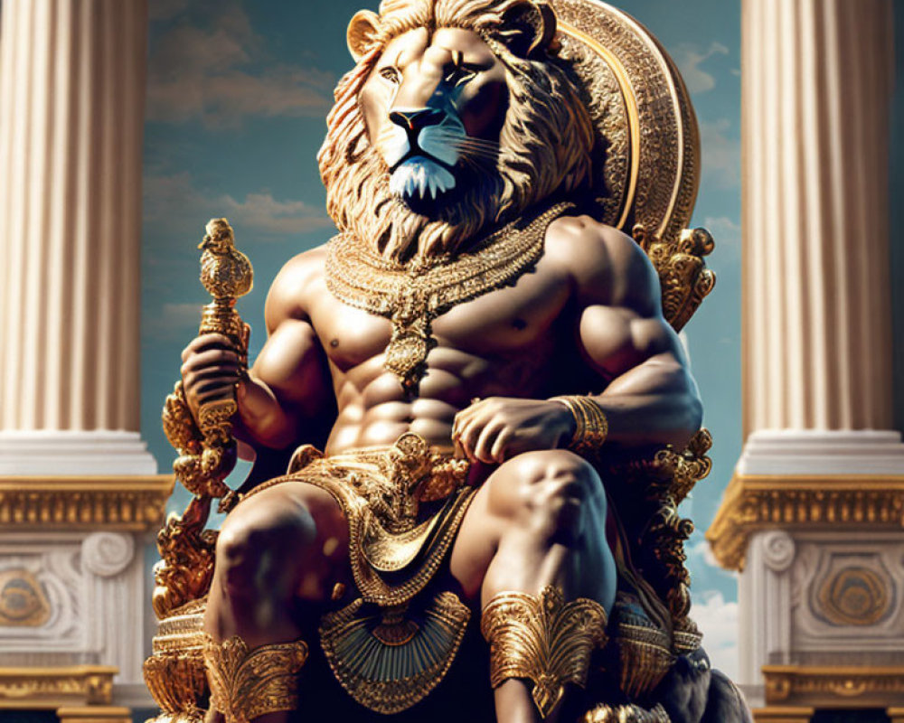 Regal anthropomorphic lion on throne with scepter in ornate setting