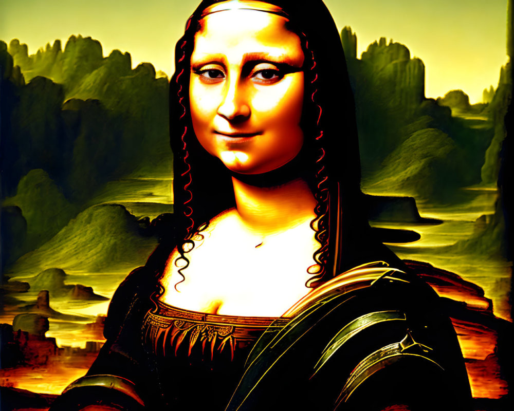 Digitally altered Mona Lisa with enhanced saturation on stylized background