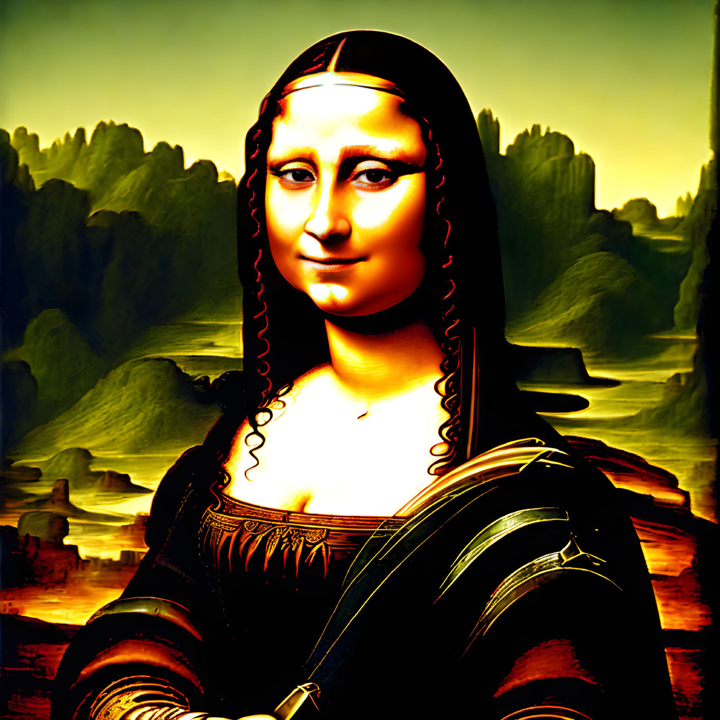 Digitally altered Mona Lisa with enhanced saturation on stylized background