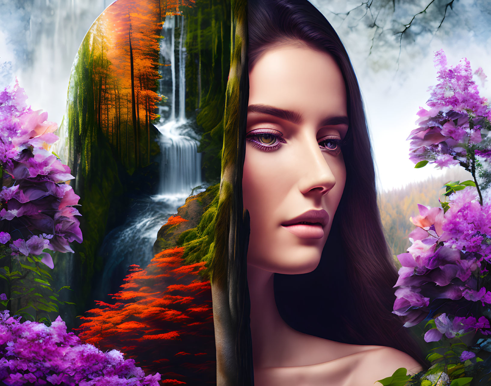 Digital artwork: Woman's portrait merged with vibrant nature scene