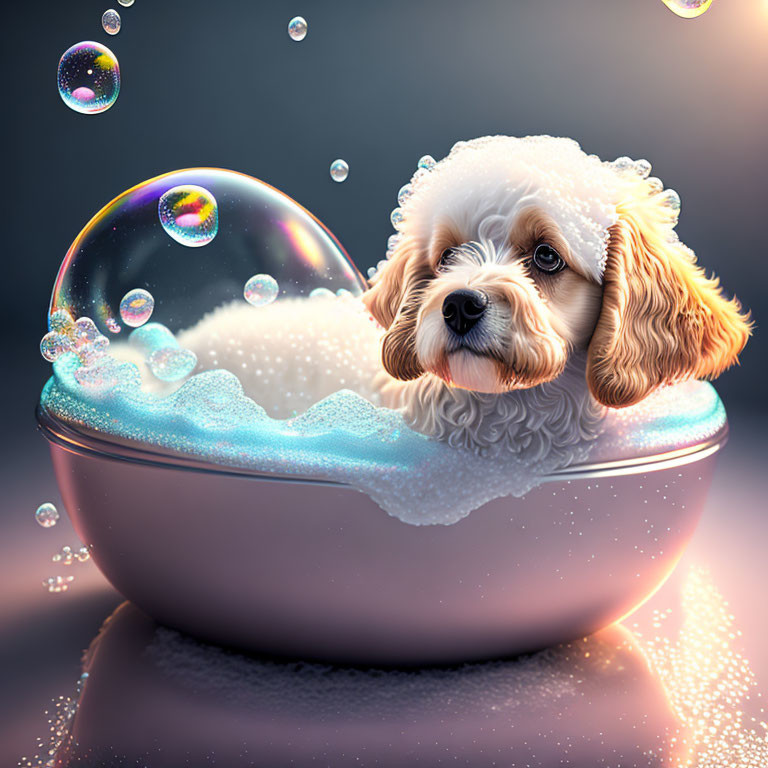 Fluffy puppy in bubbly bathtub with iridescent reflections