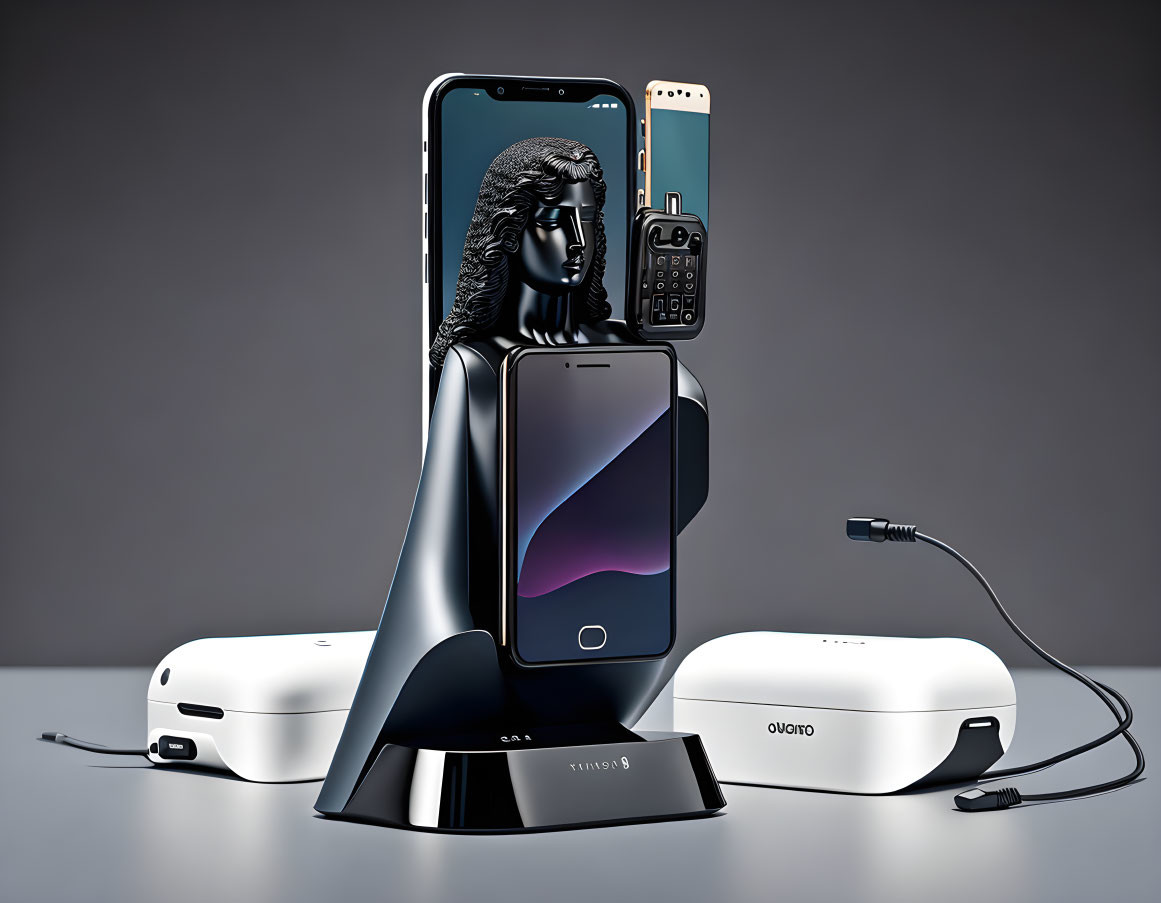 Conceptual image: Smartphone with classical sculpture wallpaper on charging dock, surrounded by older phones and AirPod