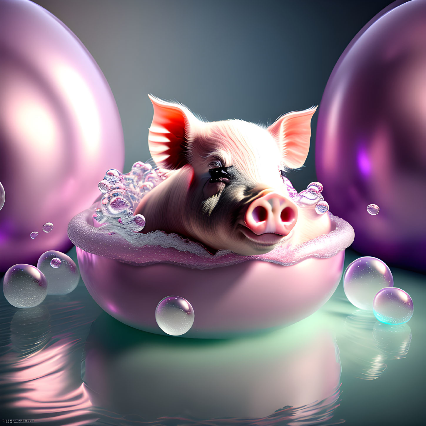 Digital artwork of a piglet bathing in pink bubbles with reflective spheres in the background