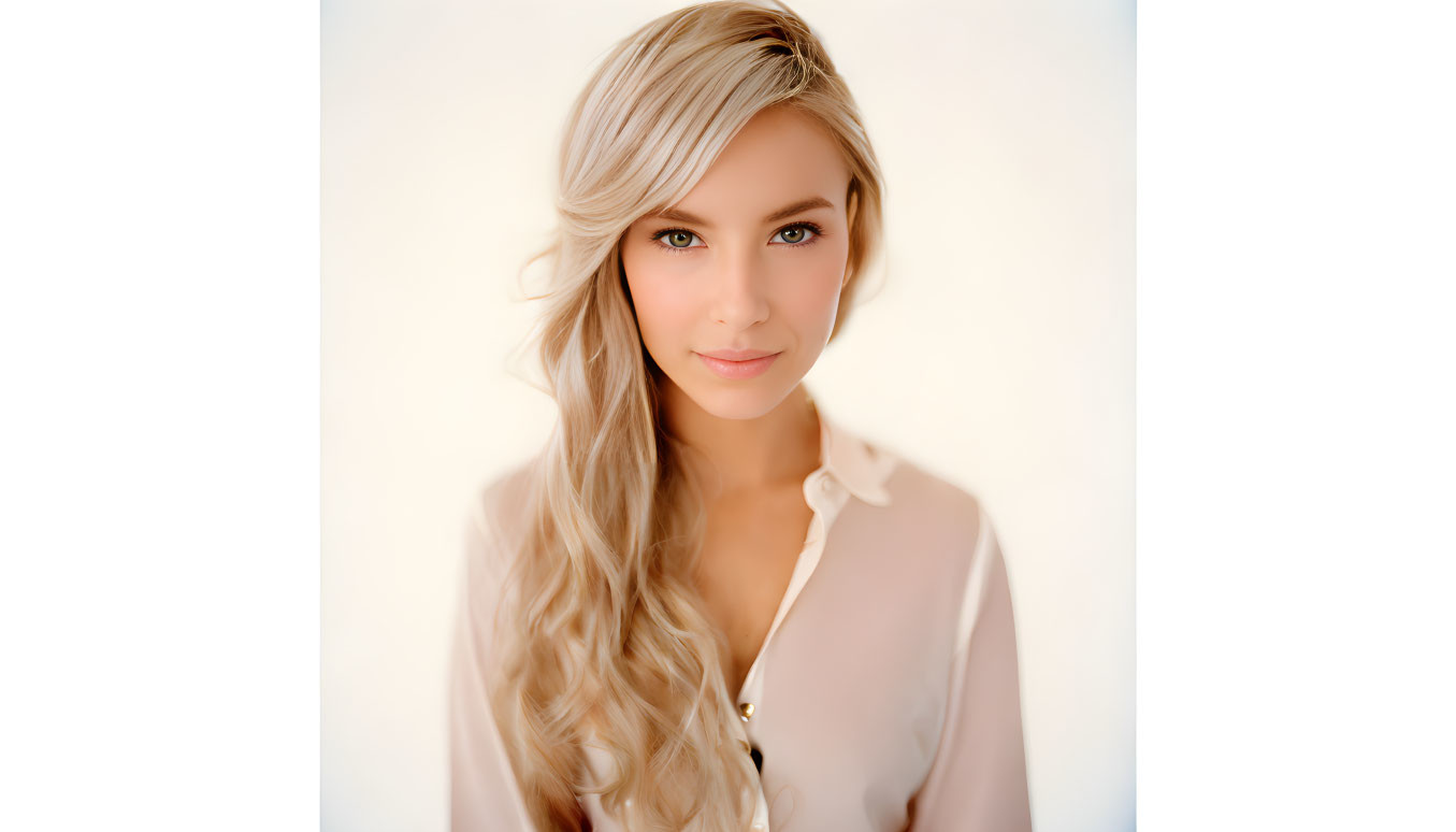 Blonde Woman in Loose Waves and Pink Blouse Smiling