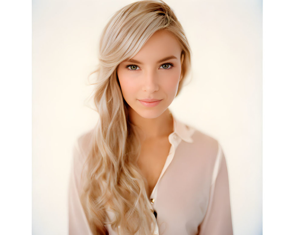 Blonde Woman in Loose Waves and Pink Blouse Smiling