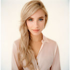 Blonde Woman in Loose Waves and Pink Blouse Smiling