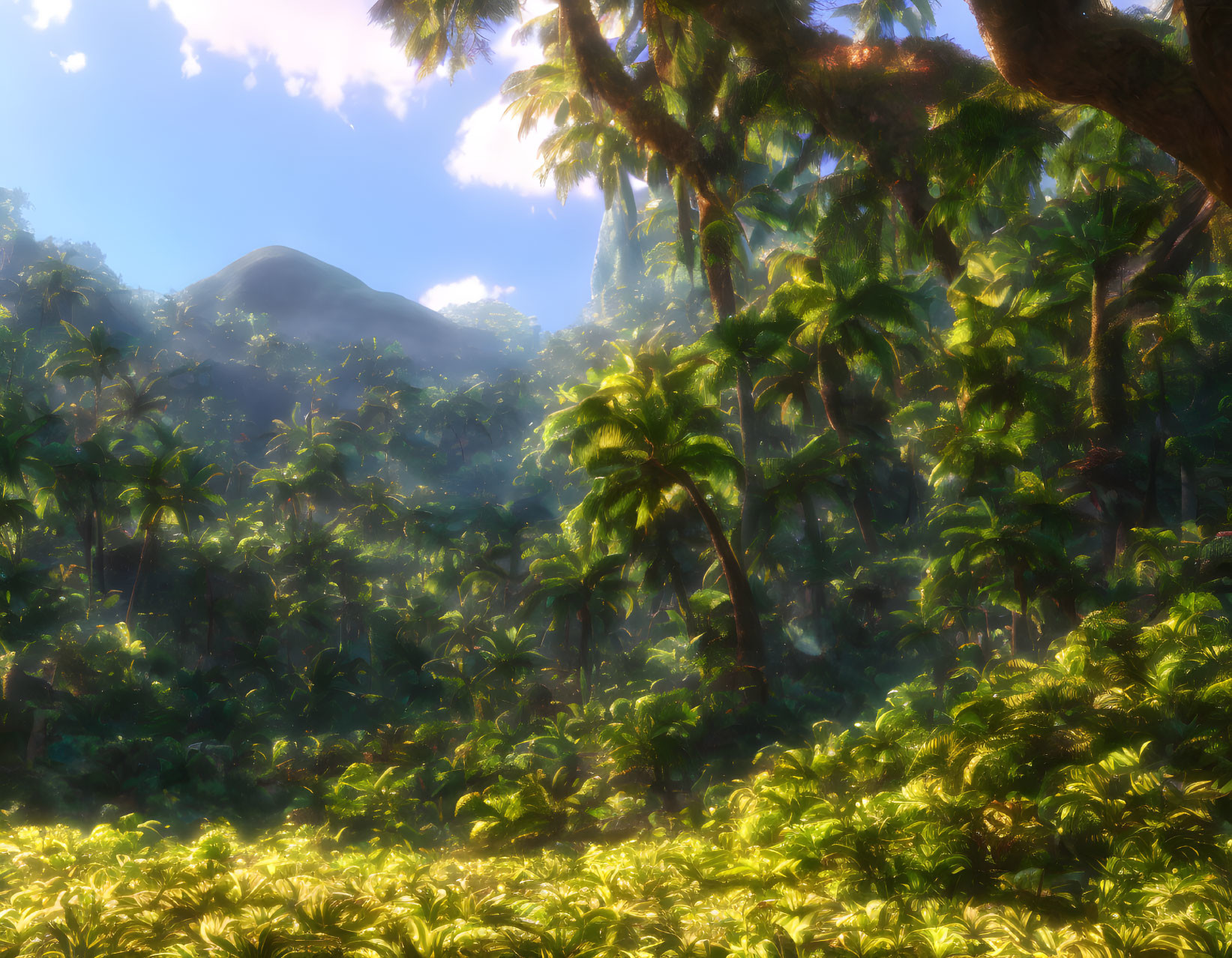 Vibrant green jungle with palm trees and mountain peak