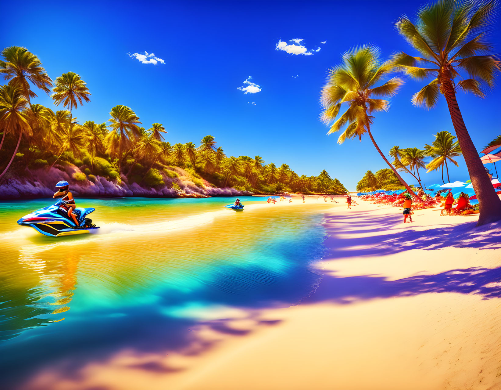 Tropical Beach Scene with Jet Skiing and Sunbathers