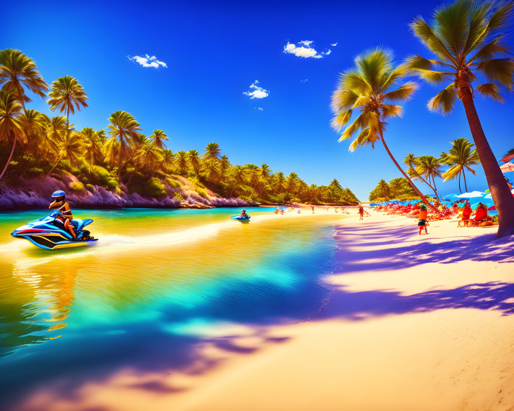 Tropical Beach Scene with Jet Skiing and Sunbathers